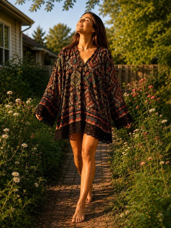 Back In The Saddle Tops - Back In The Saddle Boho Tribal Print Lace Hem Tunic Top Women's Medium Rayon